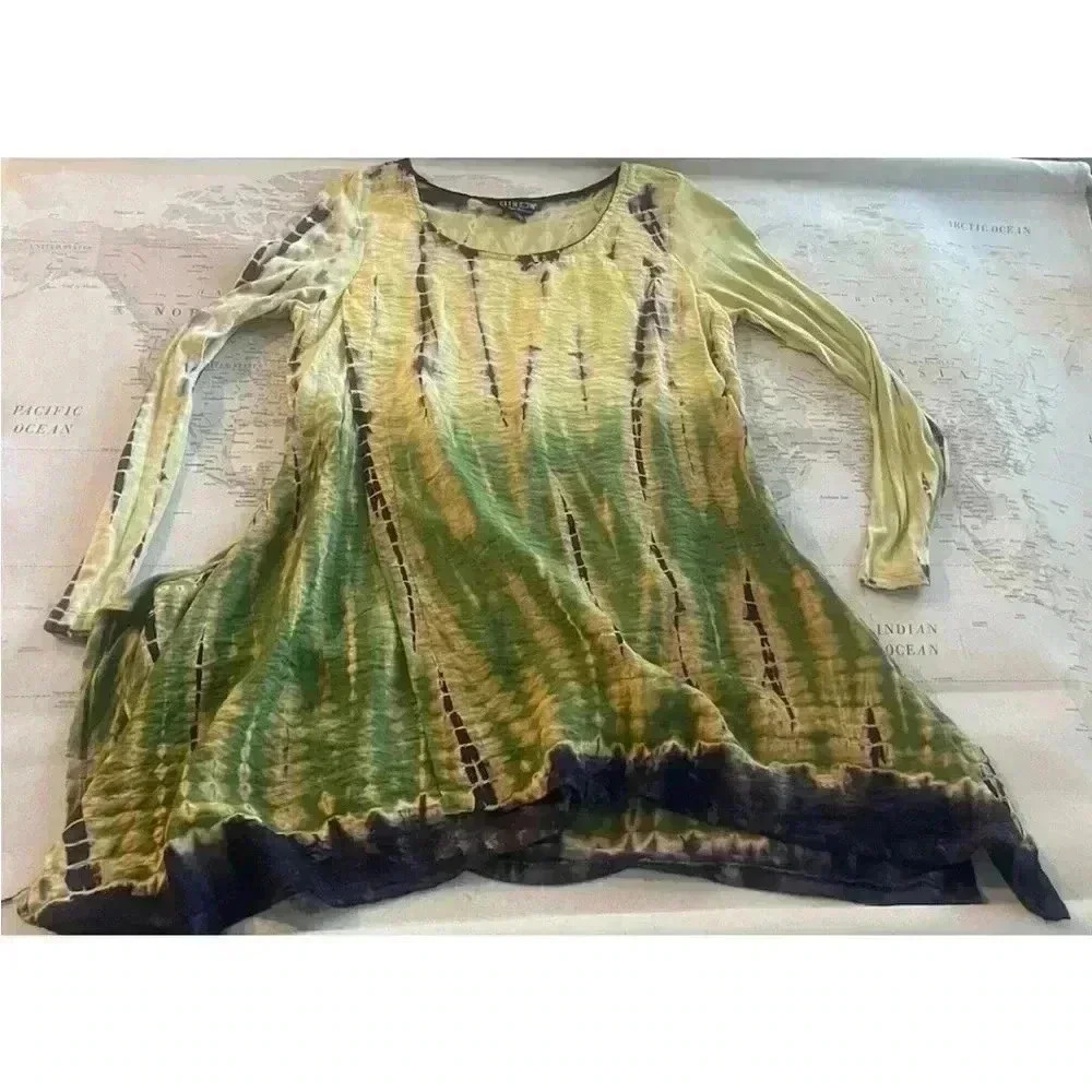CITRON Santa Monica Rayon/Linen Yellow/Green Tie Dye Tunic Lagenlook M EUC